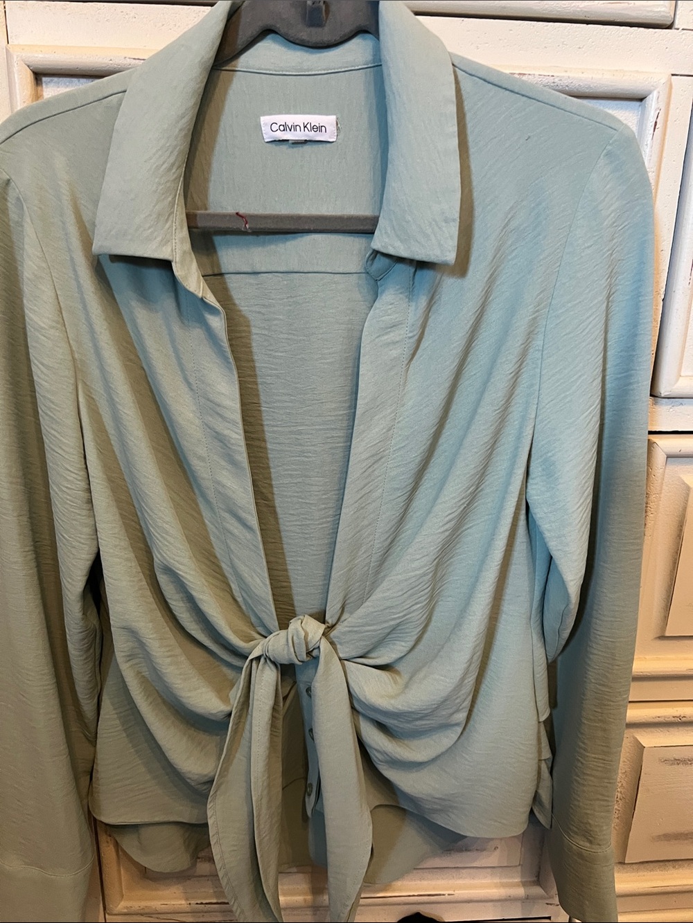 Calvin Klein Light Sage Green Tie-Front Button Down Top